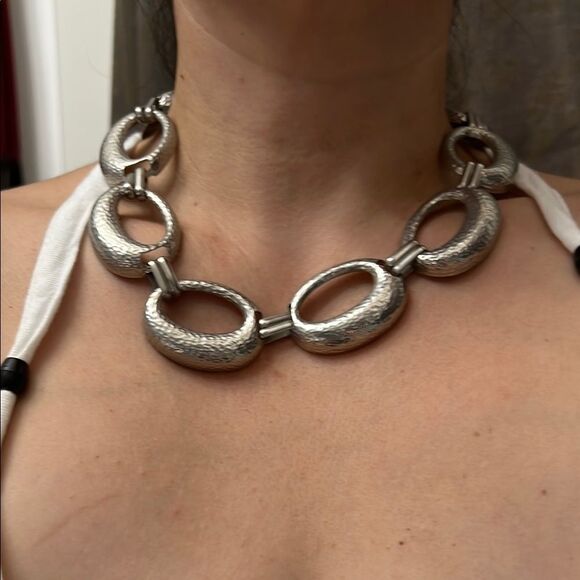 Silver Textured Oval Link Necklace - Picture 2 of 12